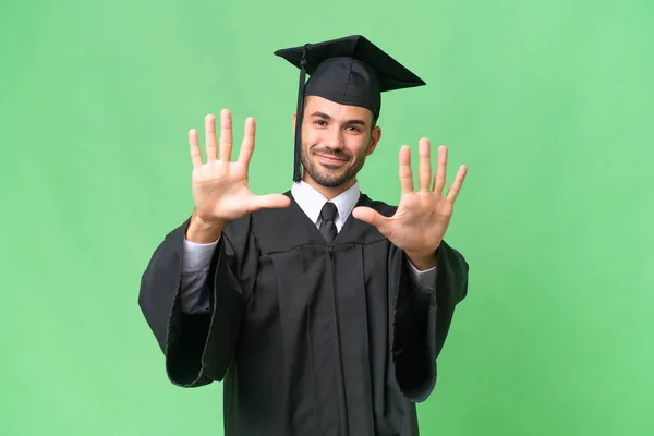 Mladá Univerzita Absolvent Muž Přes Izolované Pozadí Počítání Deset Prsty — Stock fotografie