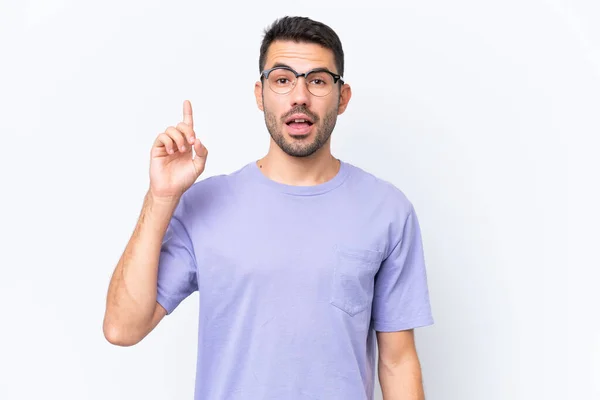 Young Caucasian Man Isolated White Background Thinking Idea Pointing Finger — Stock Photo, Image