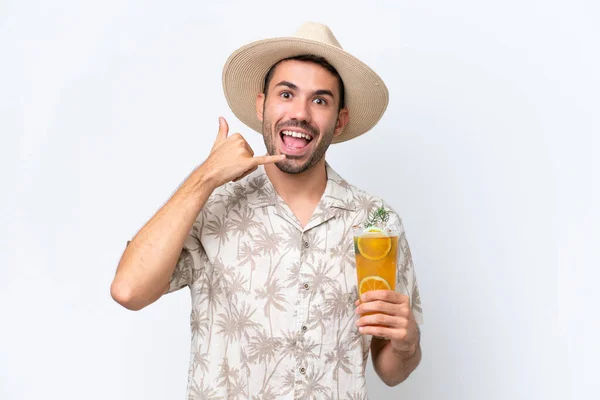 Young Caucasian Man Holding Cocktail Isolated White Background Making Phone — Stock Photo, Image