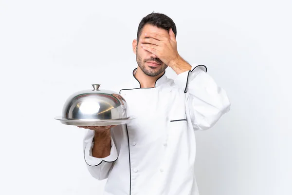 Young Chef Tray Isolated White Background Covering Eyes Hands Want — Stock Photo, Image