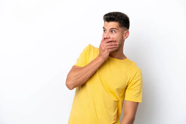 Young Caucasian Man Isolated White Background Doing Surprise Gesture While — Stock Photo, Image
