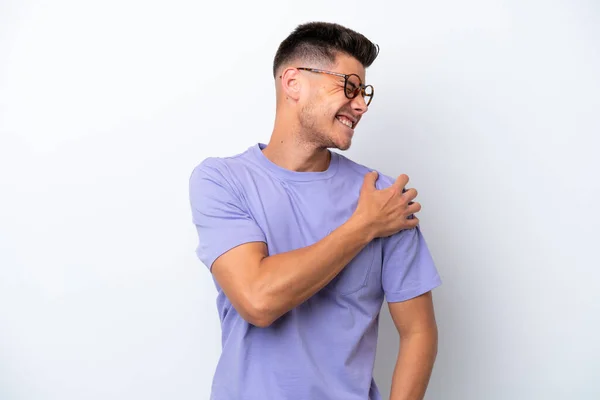 Young Caucasian Man Isolated White Background Suffering Pain Shoulder Having — Stockfoto