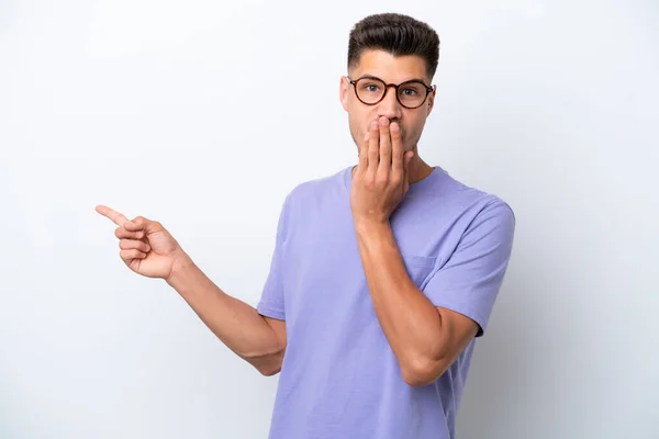 Young Caucasian Man Isolated White Background Surprise Expression While Pointing — Stock Photo, Image
