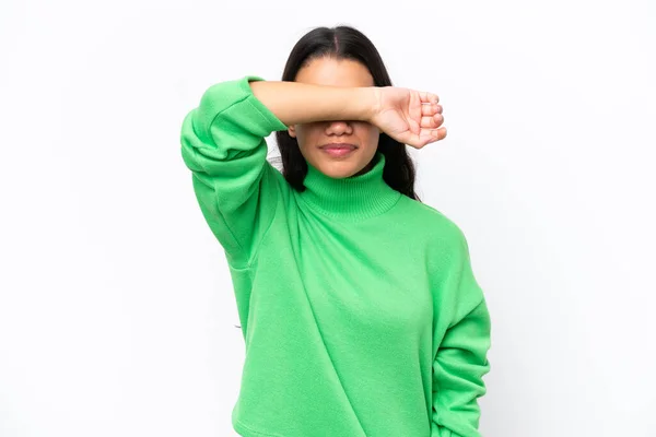 Young Colombian Woman Isolated White Background Covering Eyes Hands —  Fotos de Stock