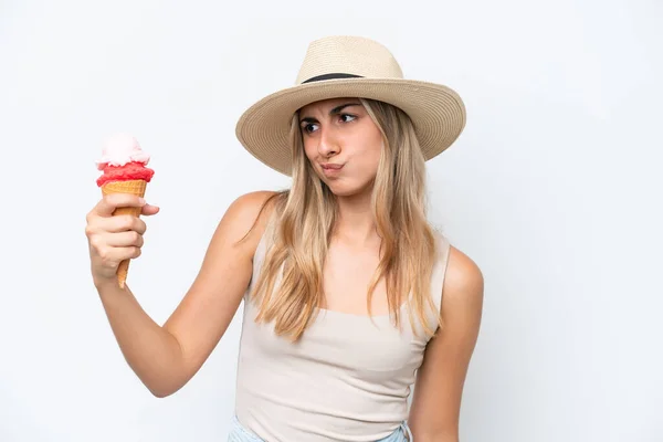 Young Caucasian Woman Cornet Ice Cream Isolated White Background Sad — Fotografia de Stock