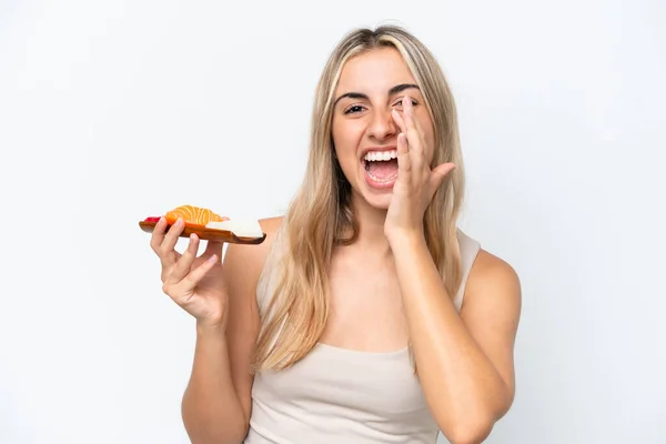 Young Caucasian Woman Holding Sashimi Isolated White Background Shouting Mouth — Stock Photo, Image