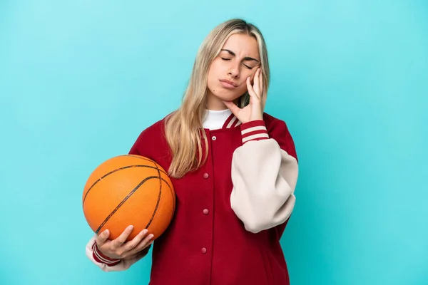 Young Caucasian Basketball Player Woman Isolated Blue Background Headache — Stock Photo, Image