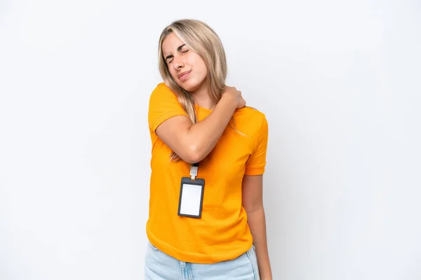 Young Caucasian Woman Card Isolated White Background Suffering Pain Shoulder — Fotografia de Stock