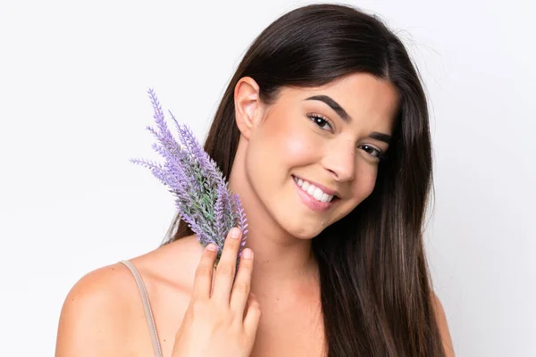 Young Brazilian Woman Isolated White Background Holding Lavender Plant Close — 图库照片
