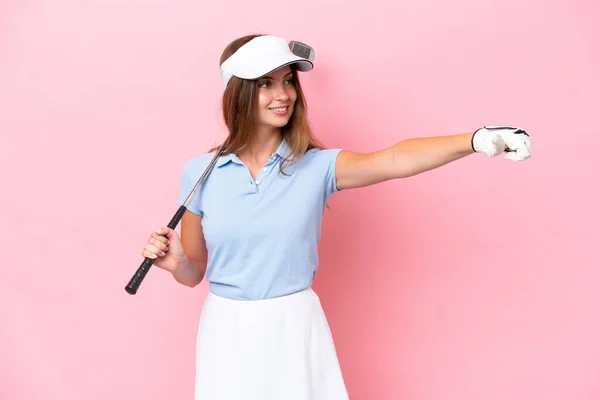 Young Golfer Player Man Isolated Pink Background Giving Thumbs Gesture — 스톡 사진