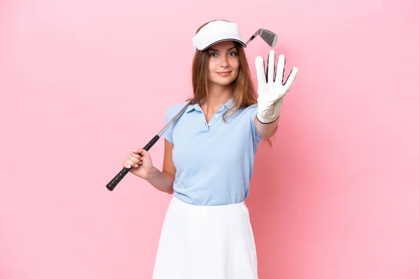 Young Golfer Player Man Isolated Pink Background Happy Counting Four — Foto Stock