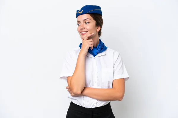 Avion Hôtesse Air Femme Caucasienne Isolé Sur Fond Blanc Regardant — Photo