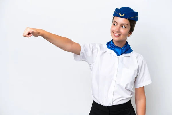 Αεροπλάνο Αεροσυνοδός Καυκάσιος Γυναίκα Απομονωμένη Λευκό Φόντο Δίνοντας Αντίχειρες Προς — Φωτογραφία Αρχείου