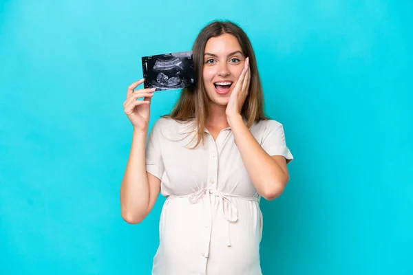 Young Caucasian Woman Isolated Blue Background Pregnant Surprised While Holding — Stock fotografie