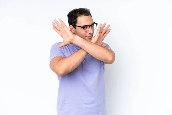 Jonge Blanke Man Geïsoleerd Witte Achtergrond Nerveuze Stretching Handen Naar — Stockfoto
