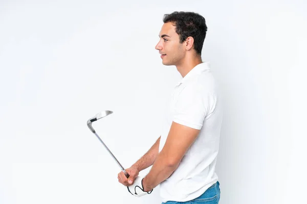 Young Caucasian Man Isolated White Background Playing Golf — Foto de Stock