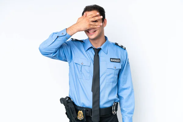 Молодий Поліцейський Білий Чоловік Ізольований Білому Тлі Покриваючи Очі Руками — стокове фото