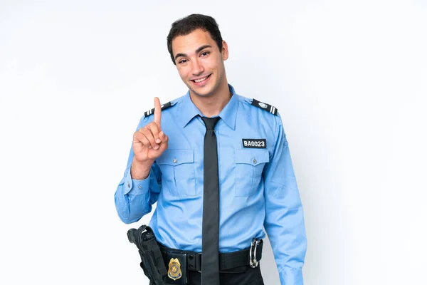 Młody Policjant Biały Człowiek Odizolowany Biały Tło Pokazując Podnosząc Palec — Zdjęcie stockowe