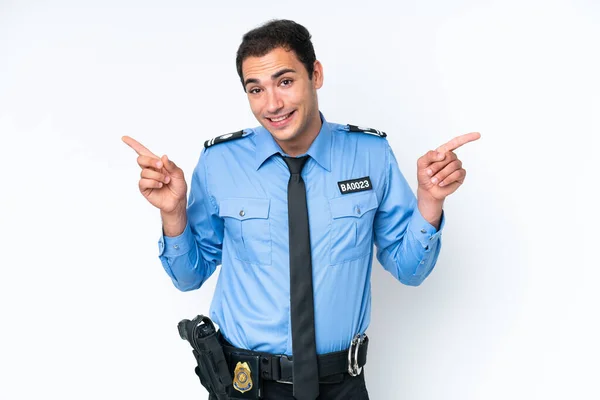 Young Police Caucasian Man Isolated White Background Pointing Finger Laterals — 스톡 사진