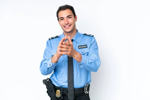 Jonge Politie Blanke Man Geïsoleerd Witte Achtergrond Applaudisseren Presentatie Een — Stockfoto