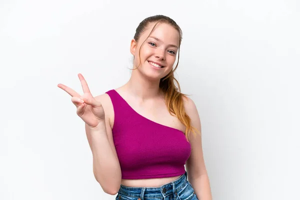 Young Caucasian Girl Isolated White Background Smiling Showing Victory Sign — Foto de Stock