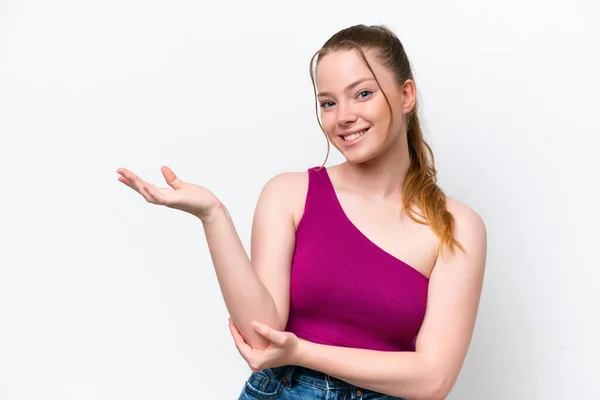 Young Caucasian Girl Isolated White Background Extending Hands Side Inviting — Photo