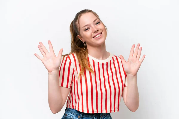 Beyaz Arka Planda Izole Edilmiş Genç Beyaz Kız Parmaklarıyla Kadar — Stok fotoğraf