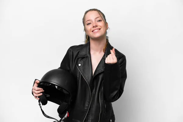 Young Caucasian Girl Motorcycle Helmet Isolated White Background Making Money — Zdjęcie stockowe