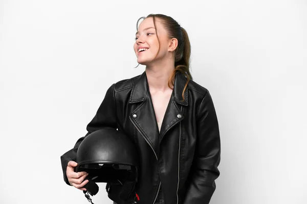 Mladý Kavkazský Dívka Motocykl Helma Izolované Bílém Pozadí Směje Boční — Stock fotografie