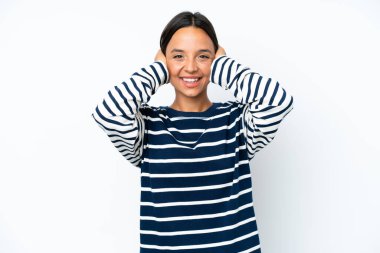 Young hispanic woman isolated on white background laughing