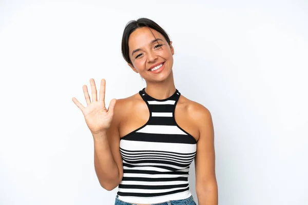 Jovem Hispânica Isolada Fundo Branco Contando Cinco Com Dedos — Fotografia de Stock