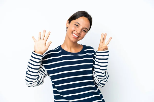 Молода Іспаномовна Жінка Ізольована Білому Тлі Підраховуючи Вісім Пальцями — стокове фото