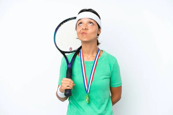 Young Tennis Player Woman Isolated White Background Looking — Stock Photo, Image