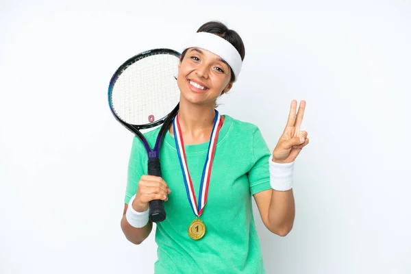 Young Tennis Player Woman Isolated White Background Smiling Showing Victory — Stock Photo, Image