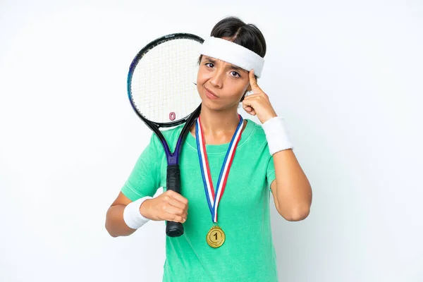Young Tennis Player Woman Isolated White Background Thinking Idea — Stock Photo, Image