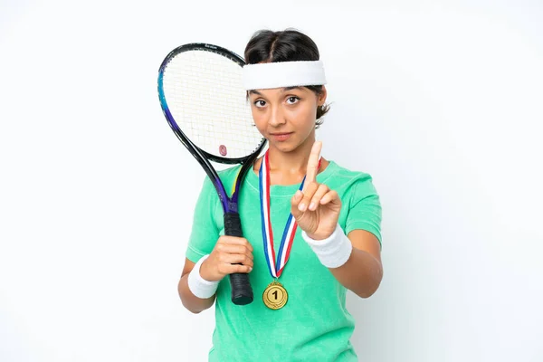 Young Tennis Player Woman Isolated White Background Showing Lifting Finger — Stock Photo, Image