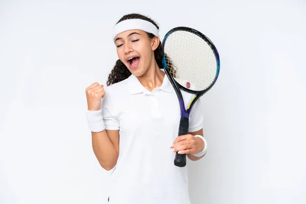 Young Tennis Player Woman Isolated White Background Celebrating Victory — Photo
