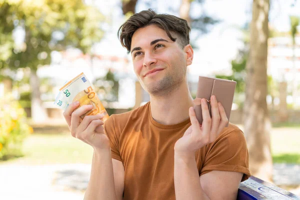 Young Handsome Man Holding Wallet Money Looking — Stock Photo, Image