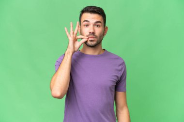 Soyutlanmış geçmişi olan yakışıklı beyaz bir adam sessizlik işareti gösteriyor.