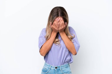 Young Uruguayan woman isolated on white background with tired and sick expression