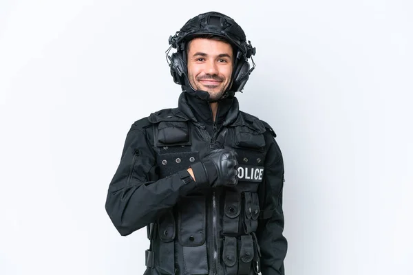 Young Caucasian Swat Man Isolated White Background Giving Thumbs Gesture — Stock Photo, Image