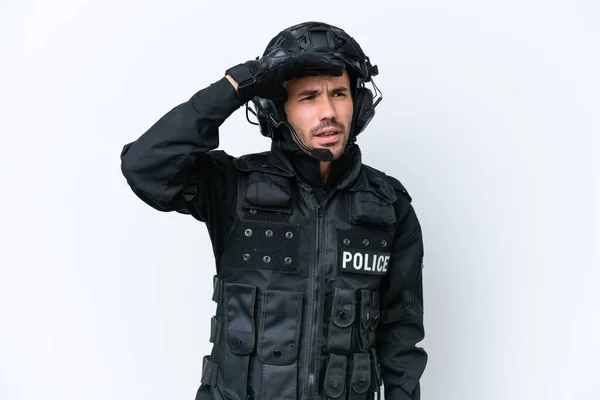 Young Caucasian Swat Man Isolated White Background Looking Far Away — Stock Photo, Image