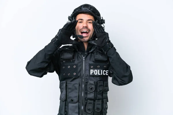 Young Caucasian Swat Man Isolated White Background Shouting Announcing Something — Stock Photo, Image