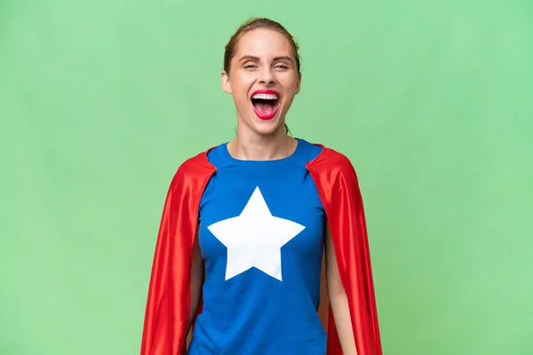 Super Hero Caucasian Woman Isolated Background Surprise Facial Expression — Stock fotografie