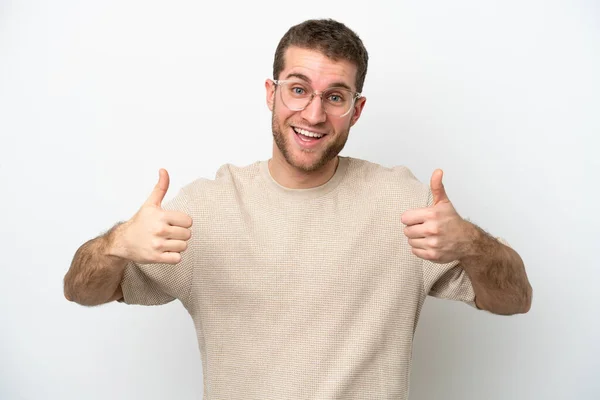 Young Caucasian Man Isolated White Background Giving Thumbs Gesture — Stock Photo, Image
