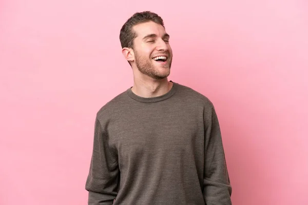 Young Caucasian Man Isolated Pink Background Laughing — Stock Photo, Image