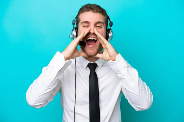 Telemarketer Caucasian Man Working Headset Isolated Blue Background Shouting Announcing — ストック写真