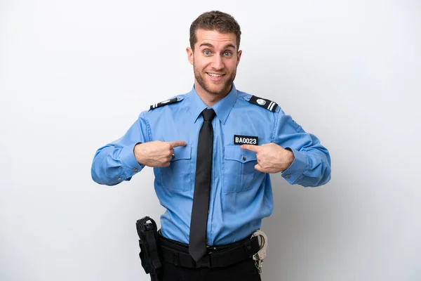 Jovem Polícia Caucasiano Homem Isolado Fundo Branco Com Expressão Facial — Fotografia de Stock