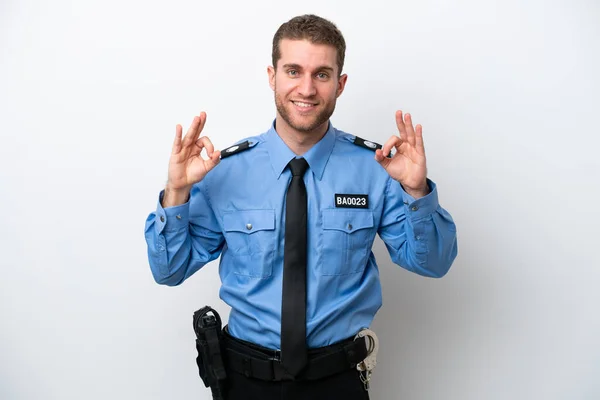 Young Police Caucasian Man Isolated White Background Showing Sign Fingers —  Fotos de Stock