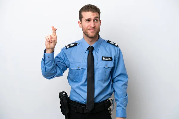 Молодой Кавказский Милиционер Изолирован Белом Фоне Скрещиванием Пальцев Желанием Наилучшего — стоковое фото